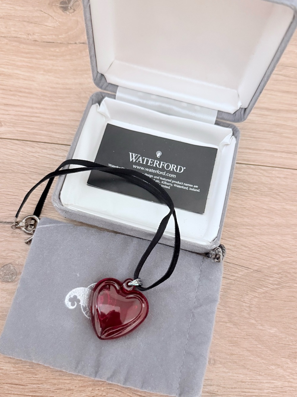 Waterford Deep Red Glass Heart Pendant on Black Cord